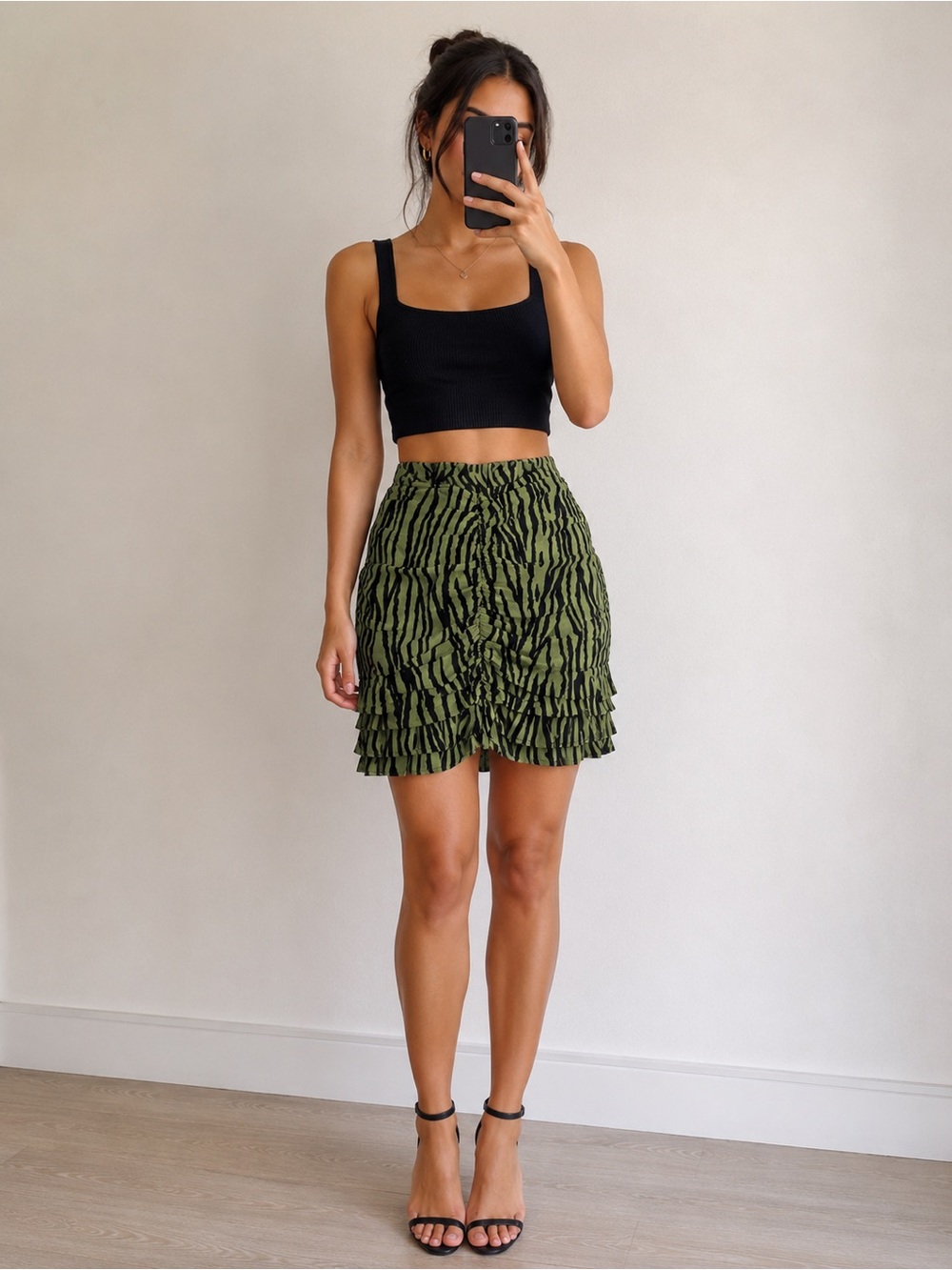 Zara Animal Print Ruched Olive Green Zebra Skirt Medium